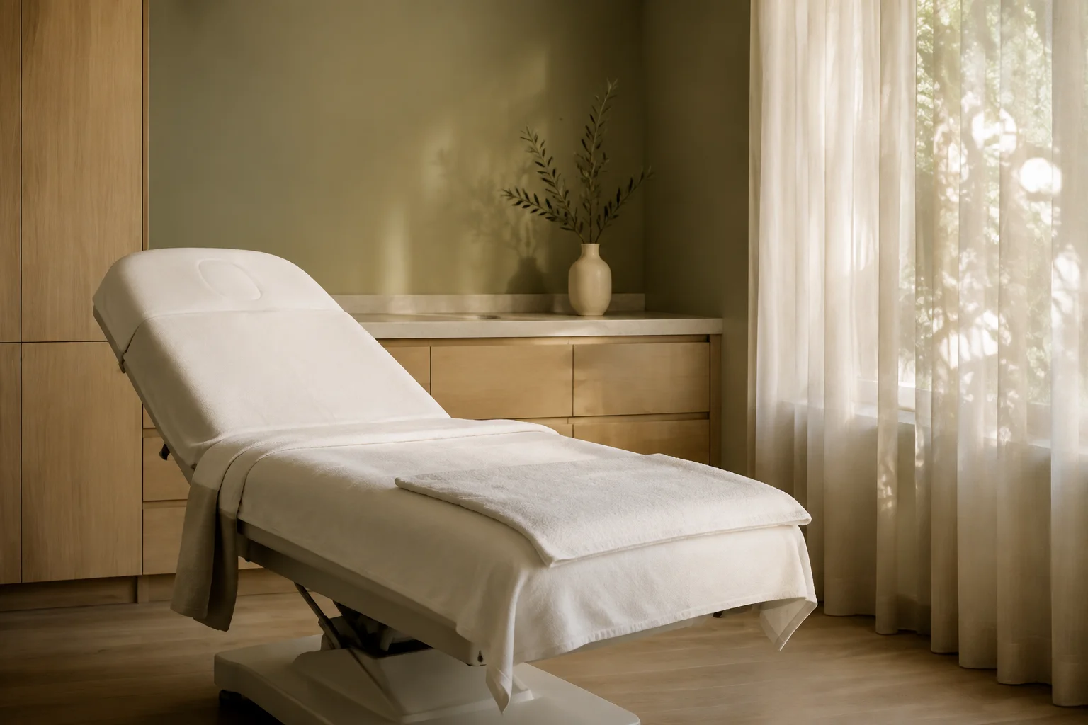 Design reference for the private studio, showing a treatment couch, oak cabinetry and soft natural light